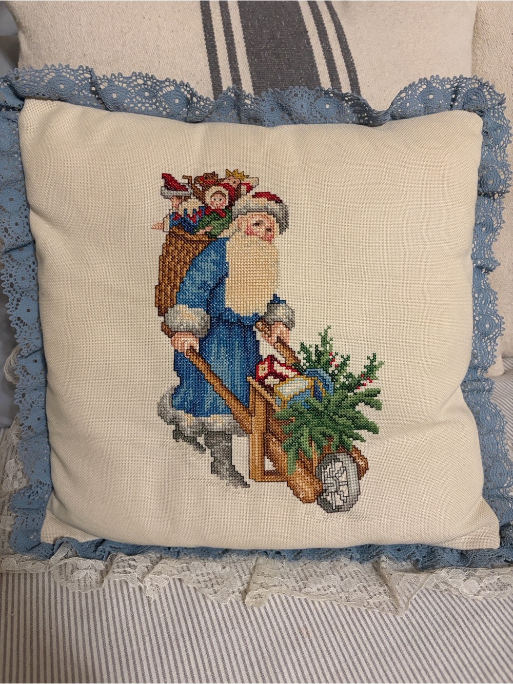 Vintage Handcrafted Cross Stitch Old World Santa Pillow